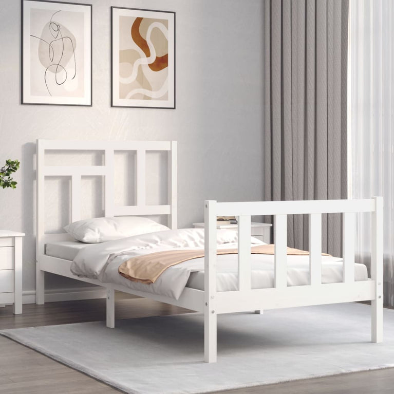 Bedframe met hoofdbord massief hout wit 90x200 cm