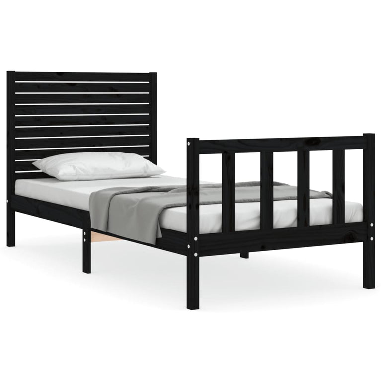 Bedframe met hoofdbord massief hout zwart 3FT Single