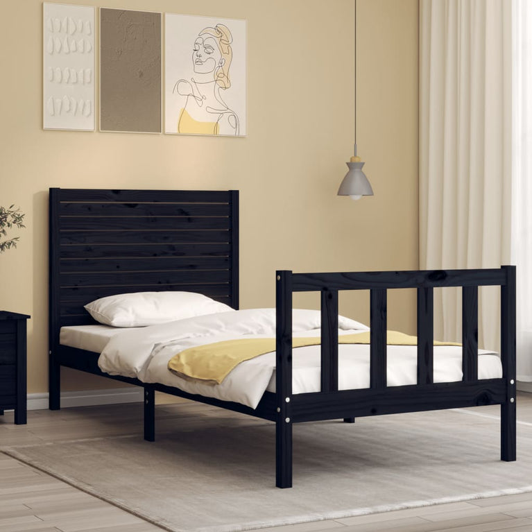 Bedframe met hoofdbord massief hout zwart 3FT Single