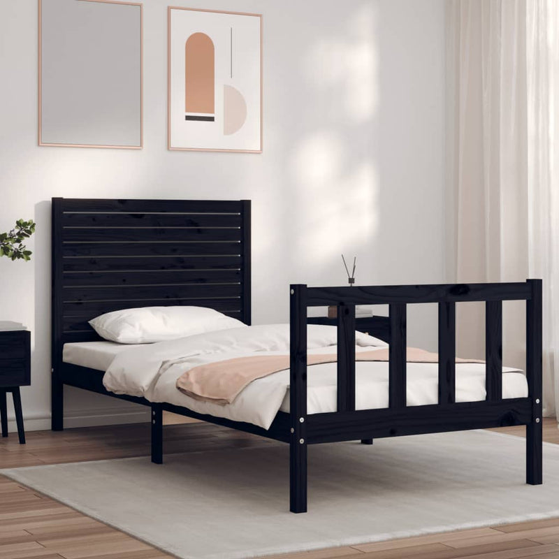 Bedframe met hoofdbord massief hout zwart 3FT Single