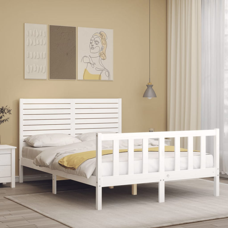 Bedframe met hoofdbord massief hout wit 4FT6 Double