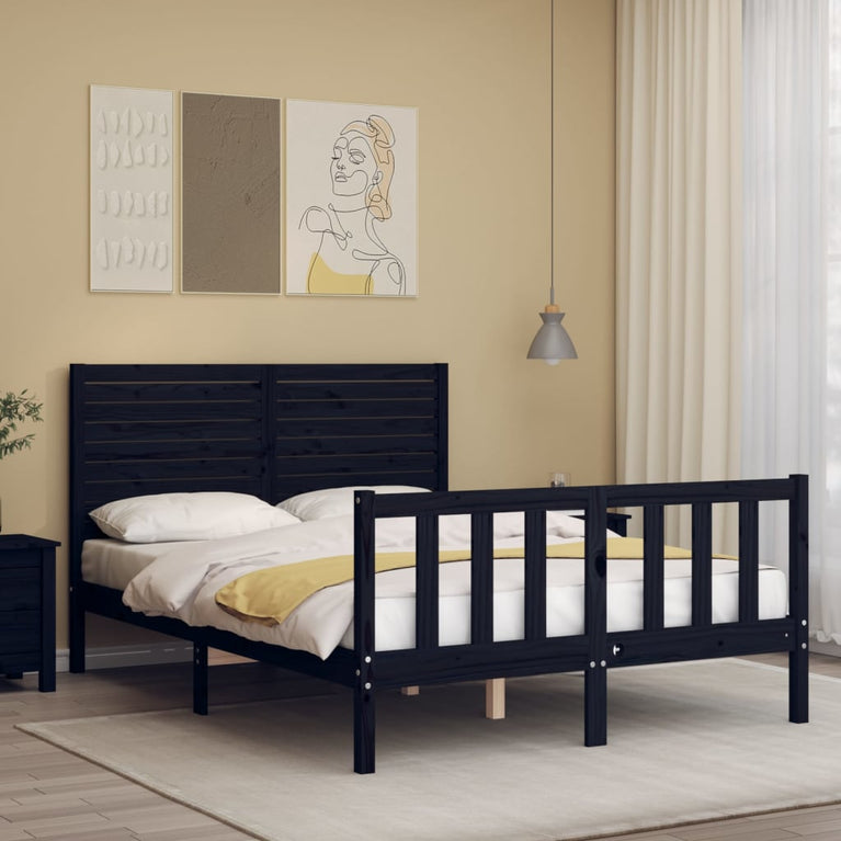 Bedframe met hoofdbord massief hout zwart 4FT6 Double