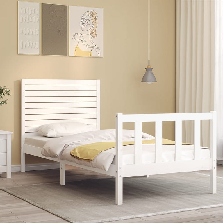 Bedframe met hoofdbord massief hout wit 90x200 cm