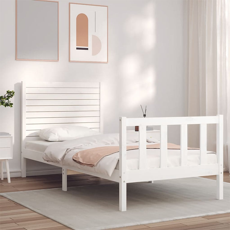 Bedframe met hoofdbord massief hout wit 90x200 cm