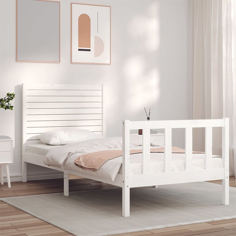 Bedframe met hoofdbord massief hout wit 100x200 cm