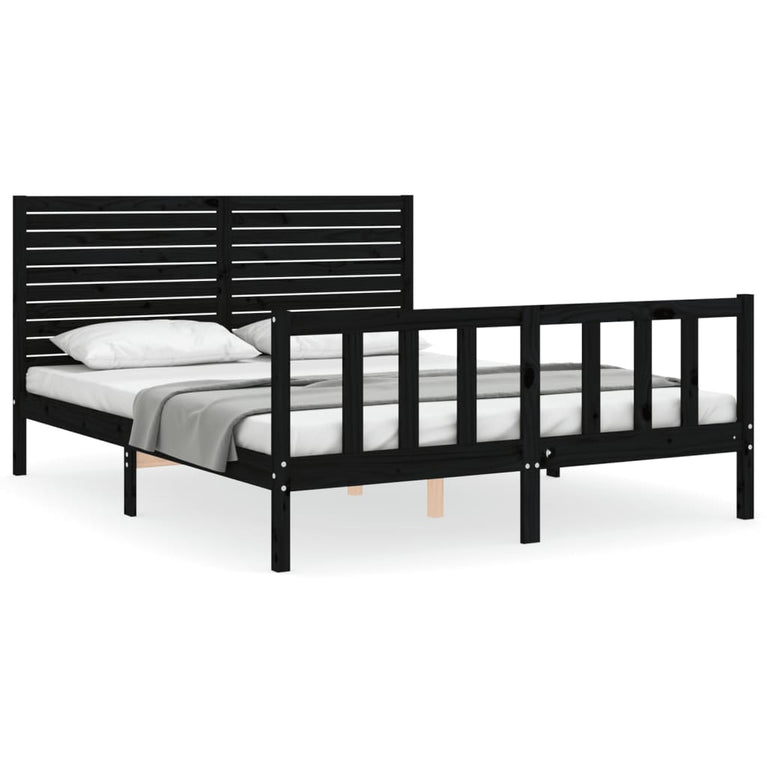 Bedframe met hoofdbord massief hout zwart 5FT King Size