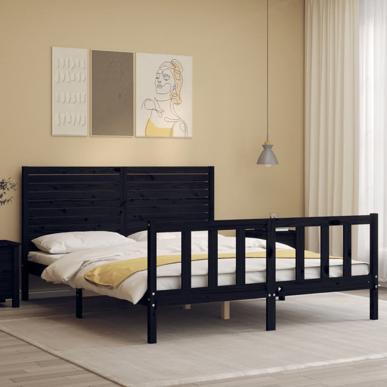 Bedframe met hoofdbord massief hout zwart 5FT King Size