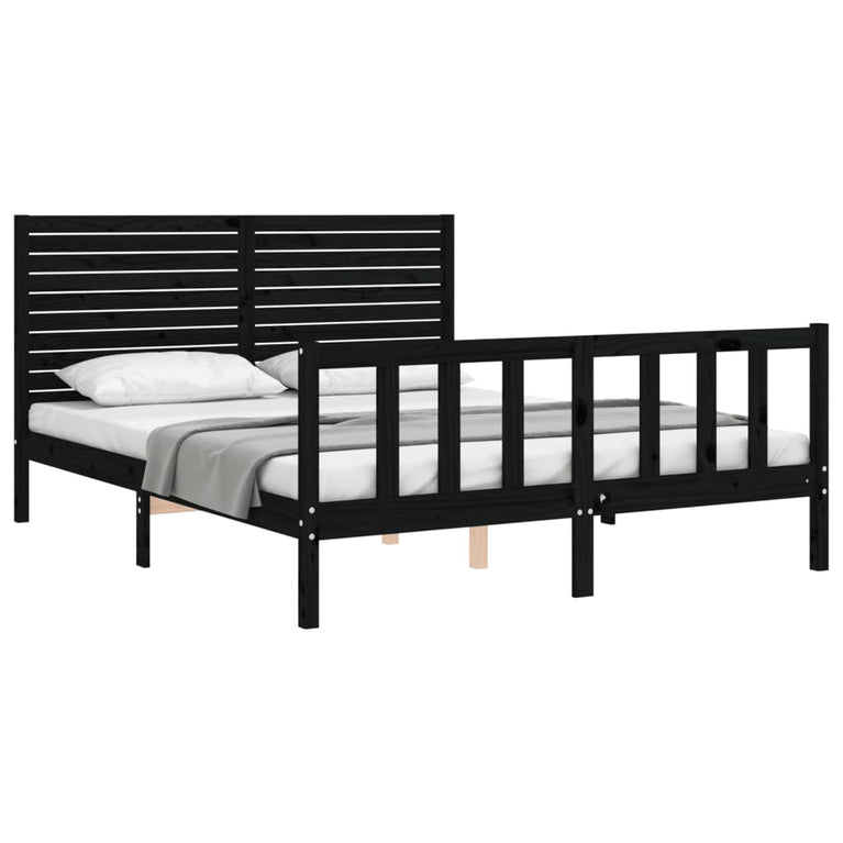 Bedframe met hoofdbord massief hout zwart 5FT King Size