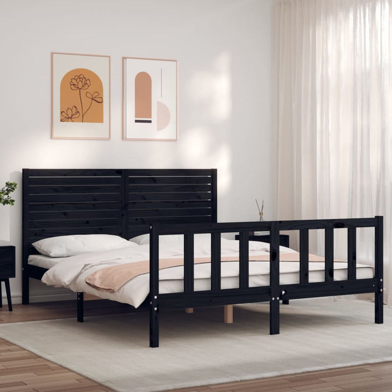 Bedframe met hoofdbord massief hout zwart 5FT King Size