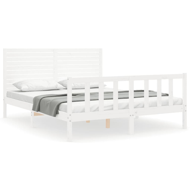 Bedframe met hoofdbord massief hout wit 160x200 cm