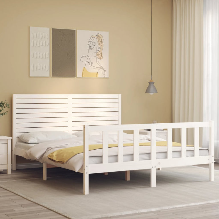 Bedframe met hoofdbord massief hout wit 160x200 cm