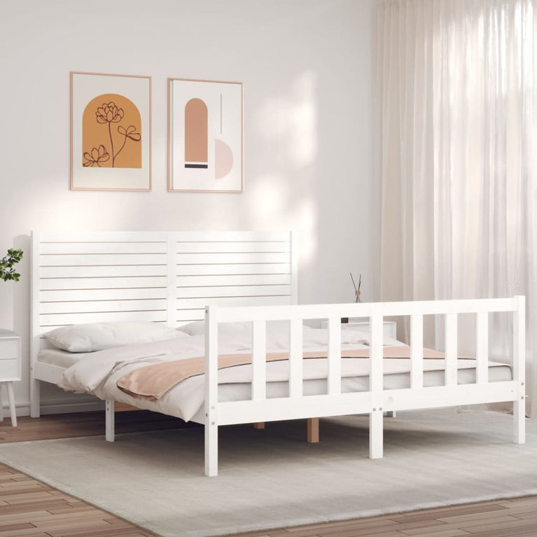 Bedframe met hoofdbord massief hout wit 160x200 cm
