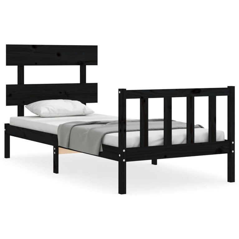 Bedframe met hoofdbord massief hout zwart 3FT Single