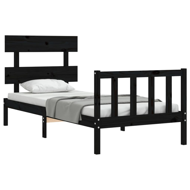 Bedframe met hoofdbord massief hout zwart 3FT Single