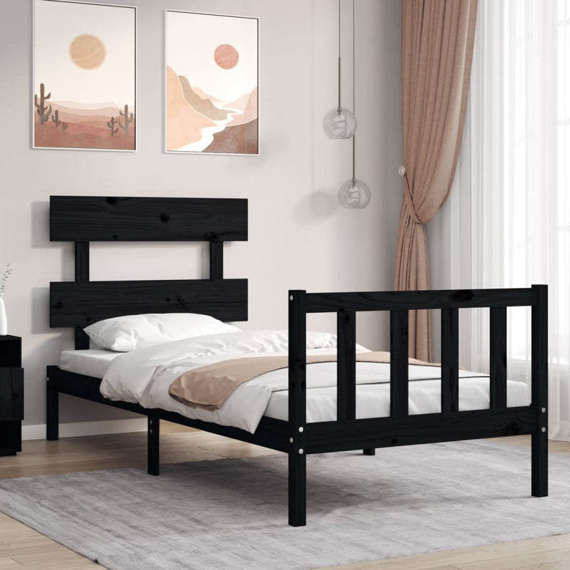 Bedframe met hoofdbord massief hout zwart 3FT Single