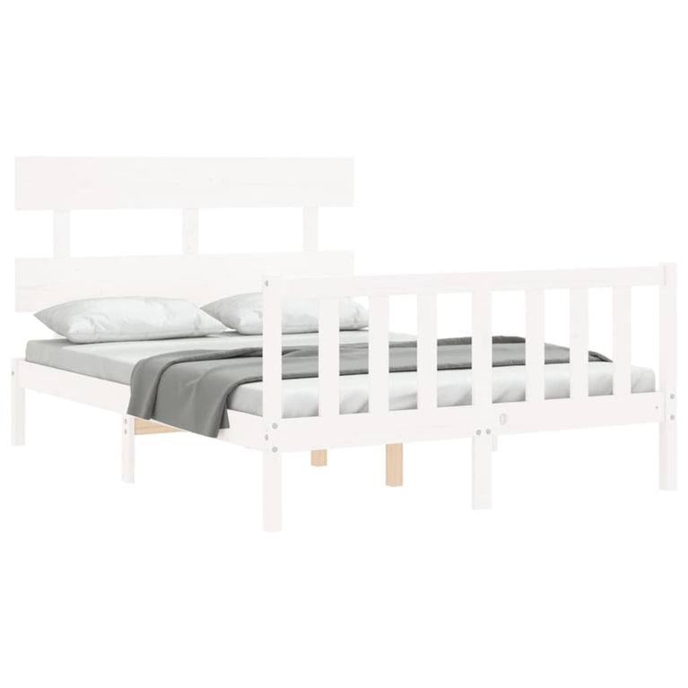 Bedframe met hoofdbord massief hout wit 140x190 cm