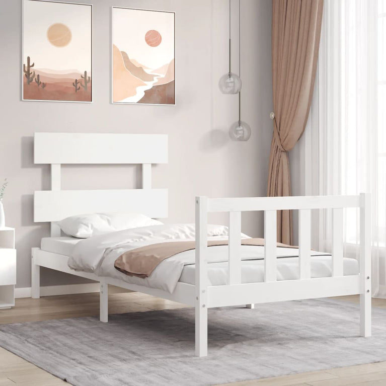 Bedframe met hoofdbord massief hout wit 100x200 cm