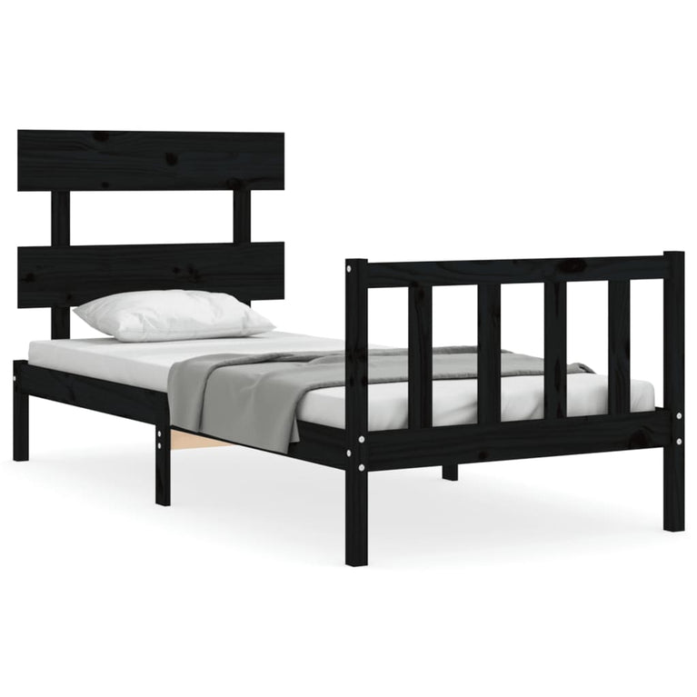 Bedframe met hoofdbord massief hout zwart 100x200 cm