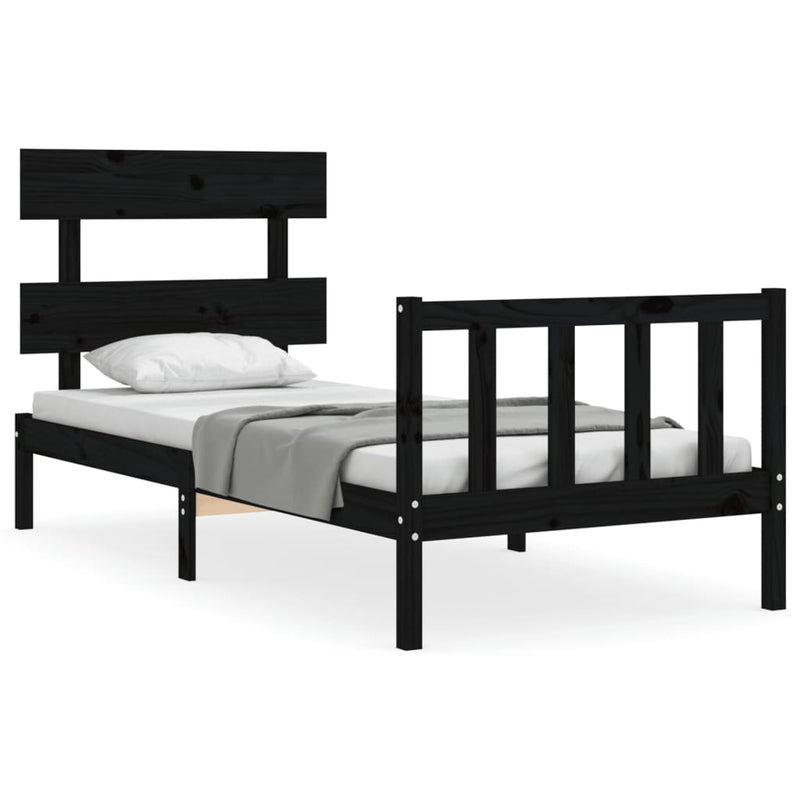 Bedframe met hoofdbord massief hout zwart 100x200 cm