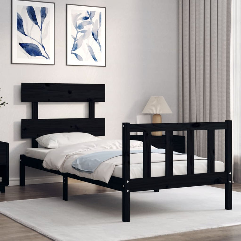 Bedframe met hoofdbord massief hout zwart 100x200 cm