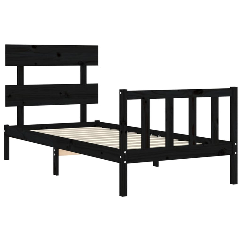 Bedframe met hoofdbord massief hout zwart 100x200 cm