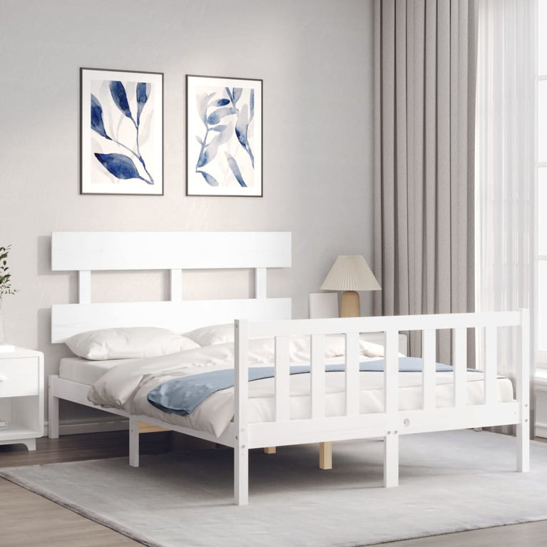 Bedframe met hoofdbord massief hout wit 140x200 cm