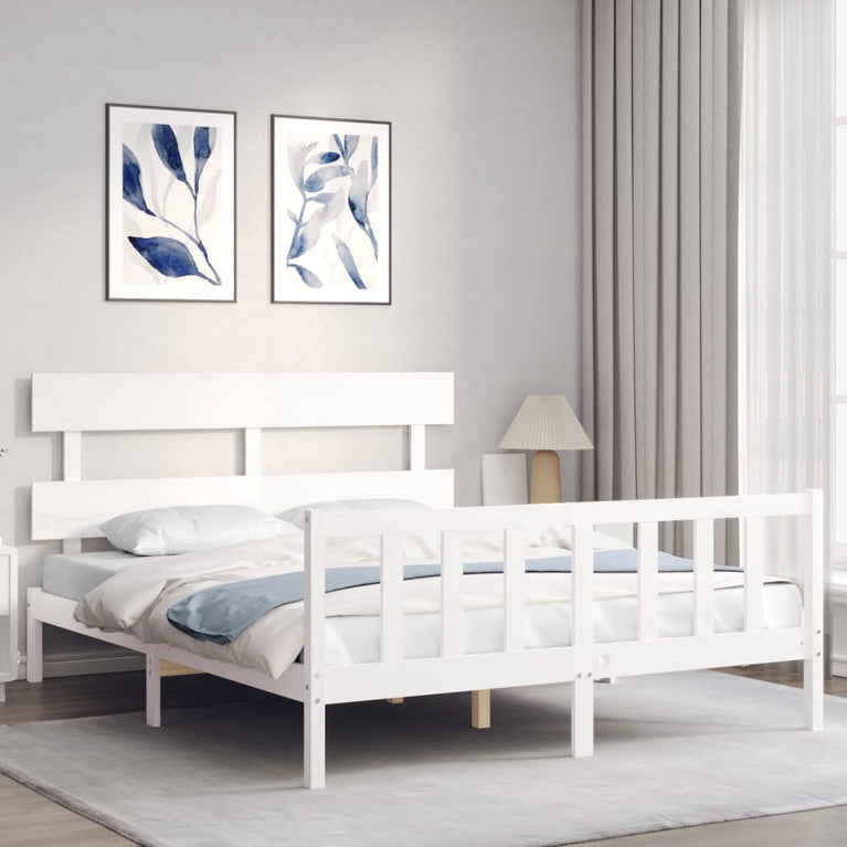 Bedframe met hoofdbord massief hout wit 160x200 cm