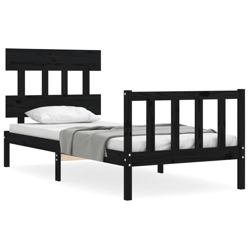 Bedframe met hoofdbord massief hout zwart 3FT Single