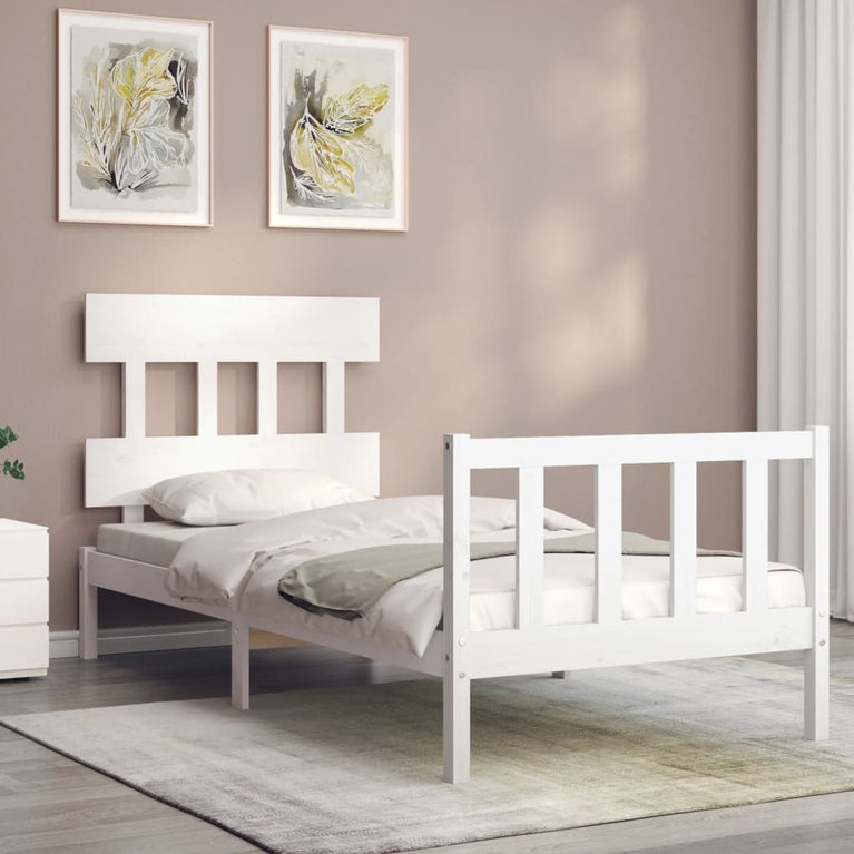 Bedframe met hoofdbord massief hout wit 90x200 cm