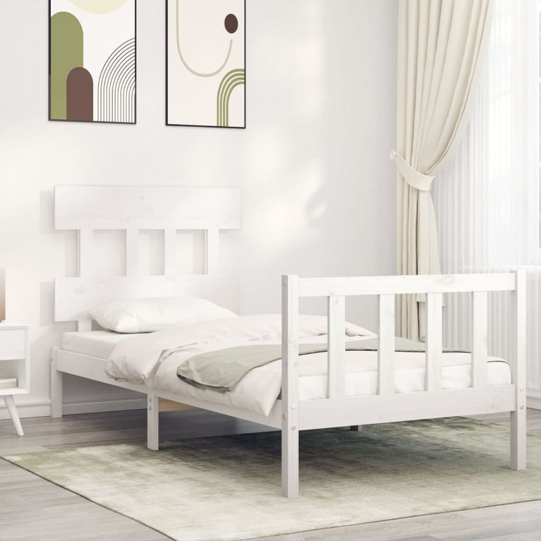 Bedframe met hoofdbord massief hout wit 90x200 cm