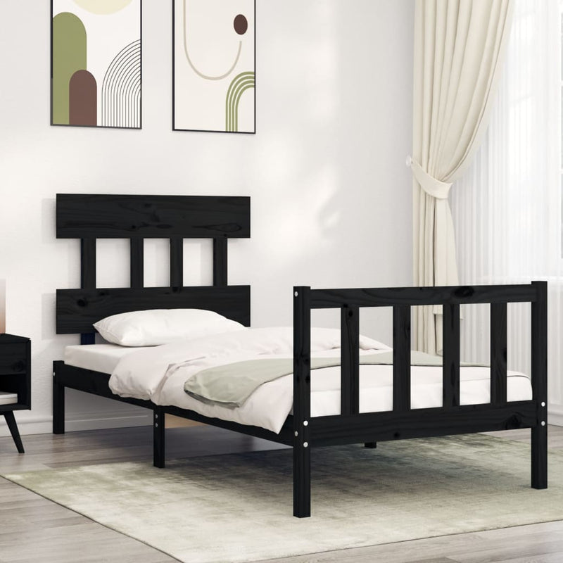 Bedframe met hoofdbord massief hout zwart 100x200 cm