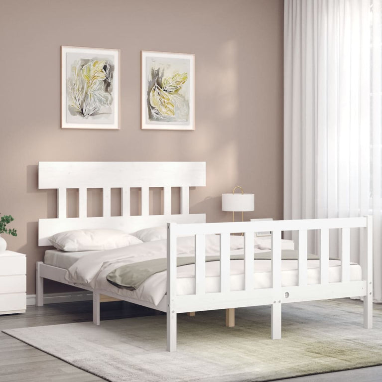 Bedframe met hoofdbord massief hout wit 140x200 cm