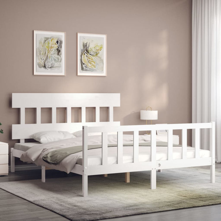Bedframe met hoofdbord massief hout wit 160x200 cm