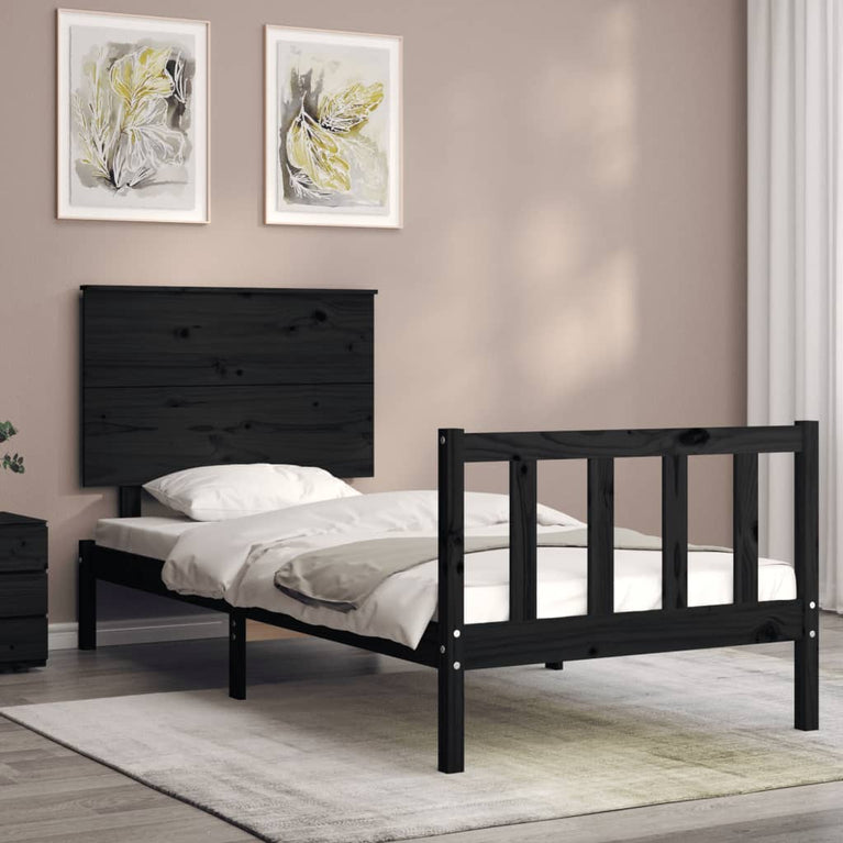 Bedframe met hoofdbord massief hout zwart 2FT6 Small Single