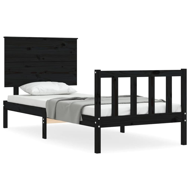 Bedframe met hoofdbord massief hout zwart 3FT Single