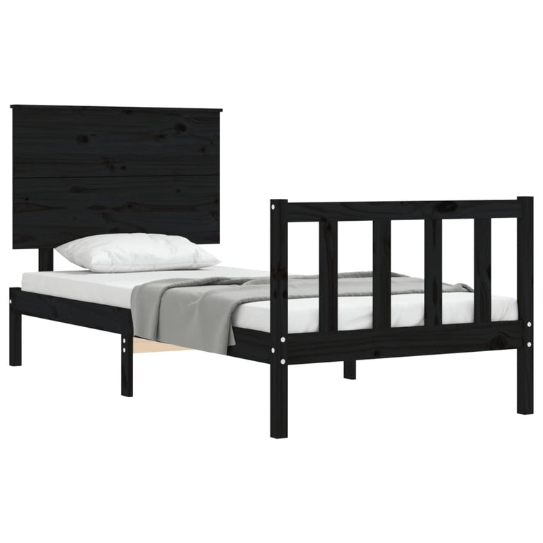 Bedframe met hoofdbord massief hout zwart 3FT Single