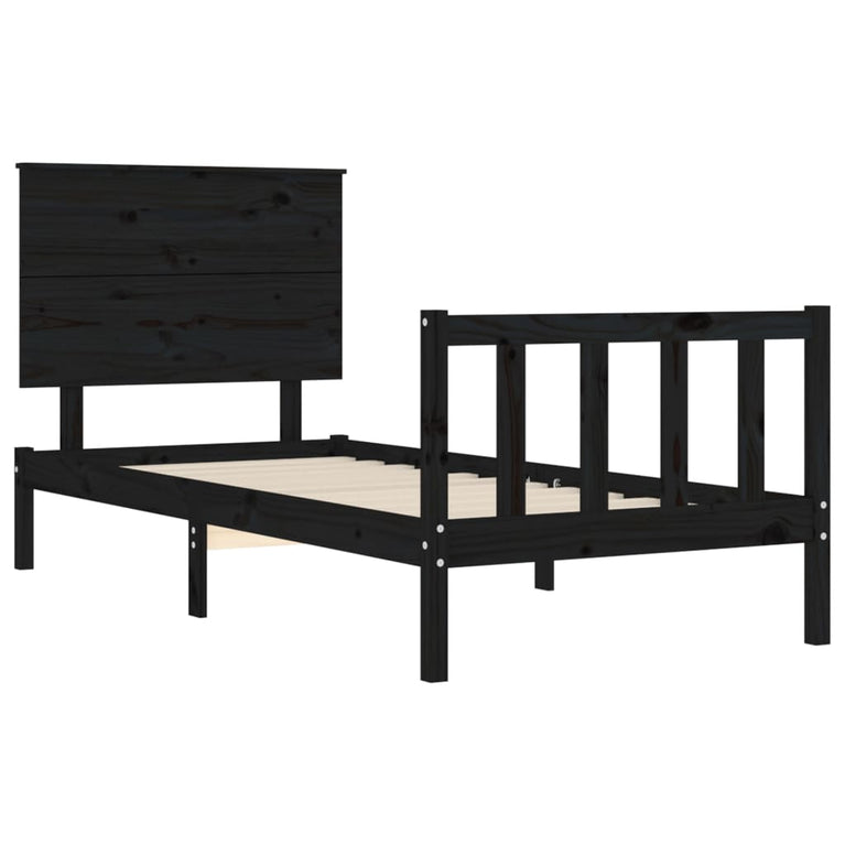 Bedframe met hoofdbord massief hout zwart 3FT Single