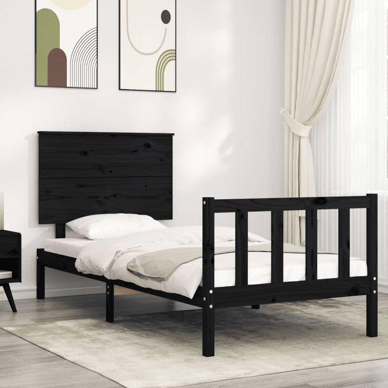 Bedframe met hoofdbord massief hout zwart 3FT Single