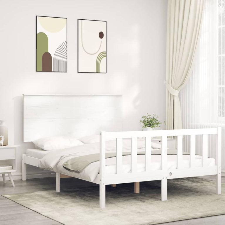 Bedframe met hoofdbord massief hout wit 4FT6 Double