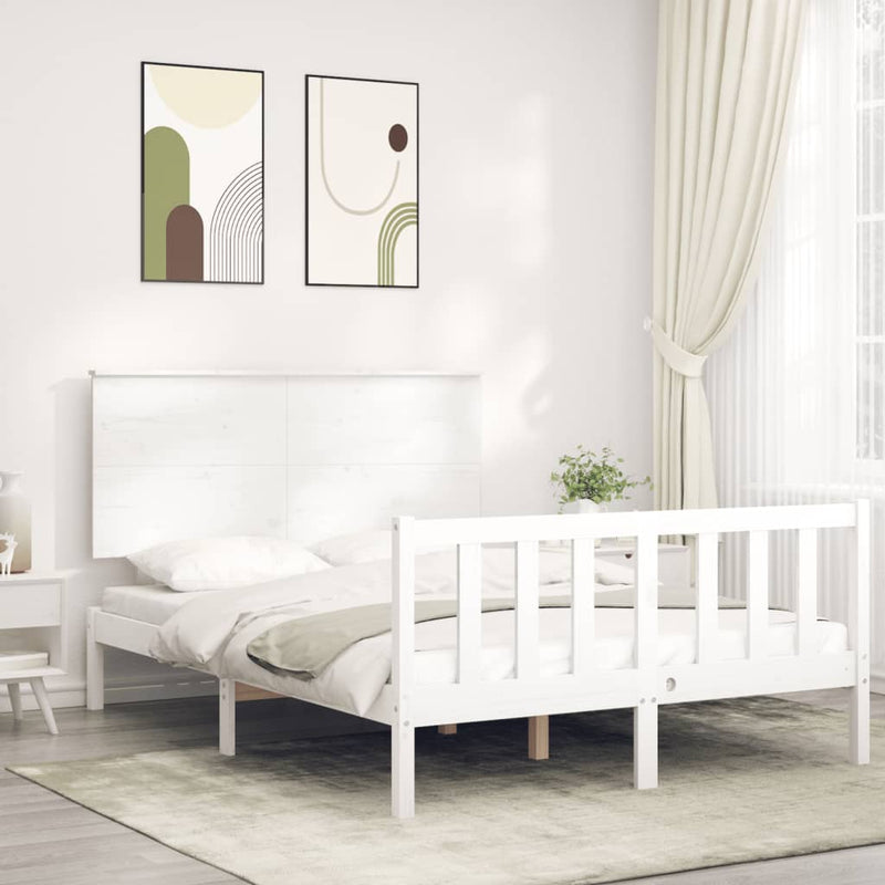 Bedframe met hoofdbord massief hout wit 140x190 cm