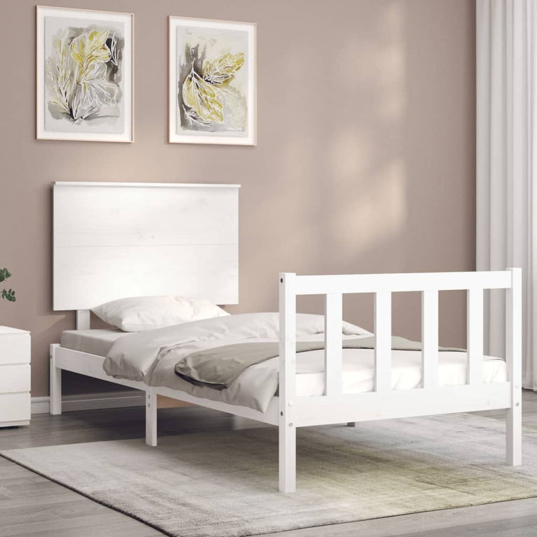 Bedframe met hoofdbord massief hout wit 90x200 cm