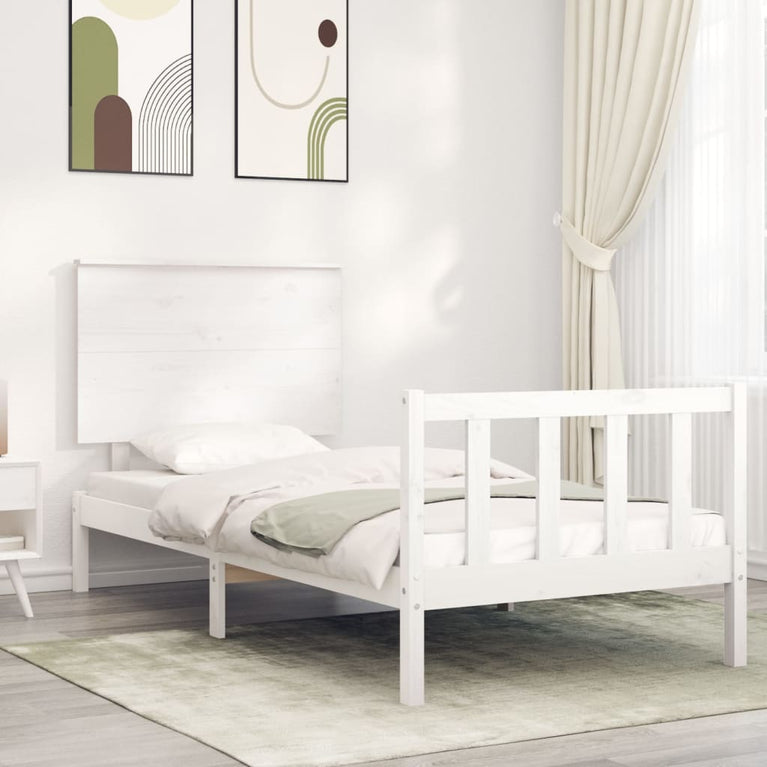 Bedframe met hoofdbord massief hout wit 90x200 cm