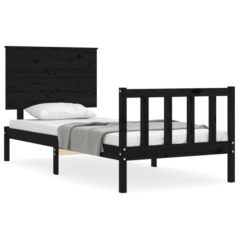Bedframe met hoofdbord massief hout zwart 100x200 cm