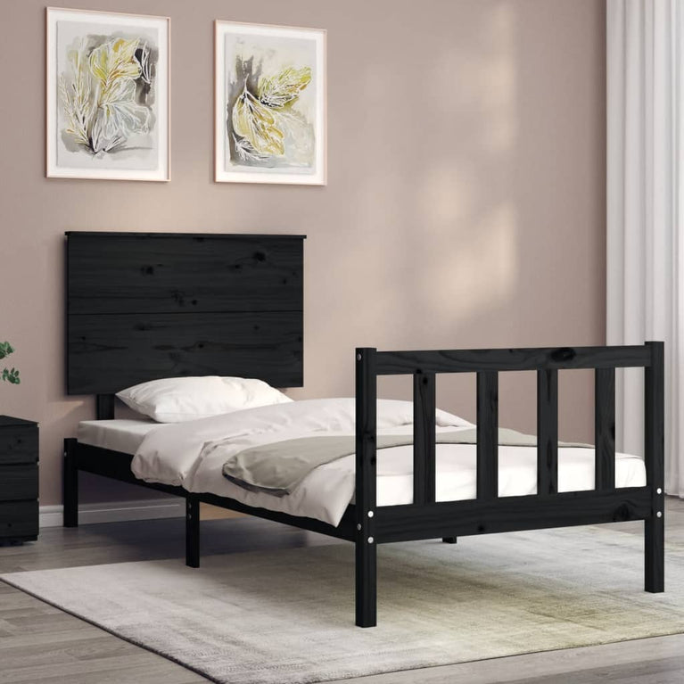 Bedframe met hoofdbord massief hout zwart 100x200 cm