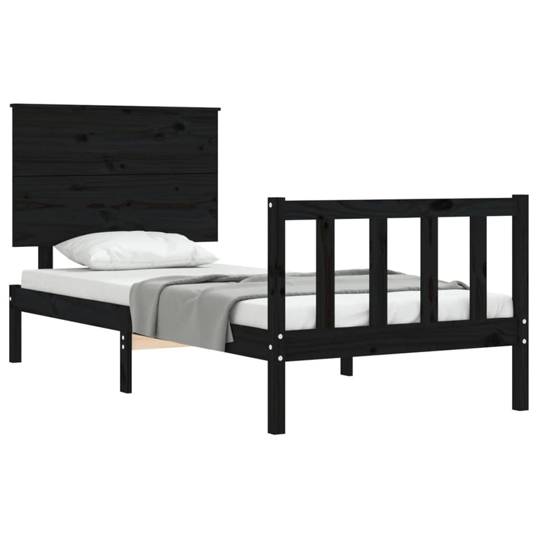 Bedframe met hoofdbord massief hout zwart 100x200 cm