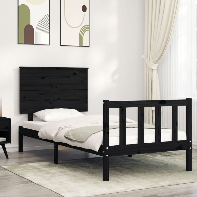 Bedframe met hoofdbord massief hout zwart 100x200 cm