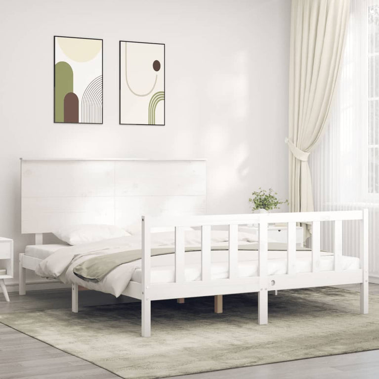 Bedframe met hoofdbord massief hout wit 5 FT King Size