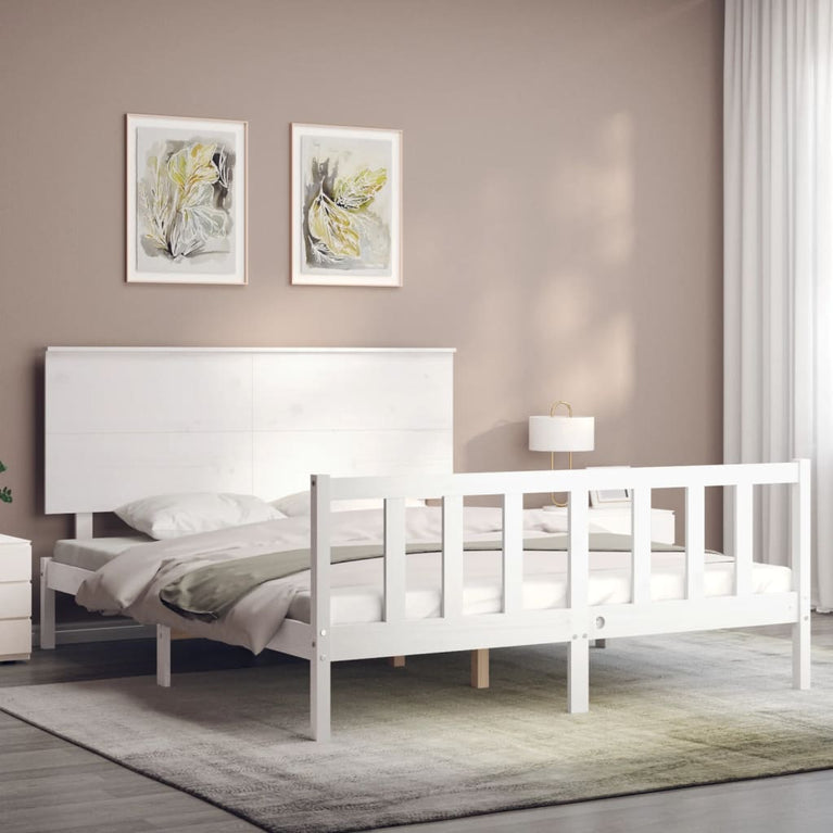 Bedframe met hoofdbord massief hout wit 160x200 cm