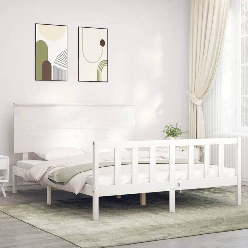Bedframe met hoofdbord massief hout wit 160x200 cm