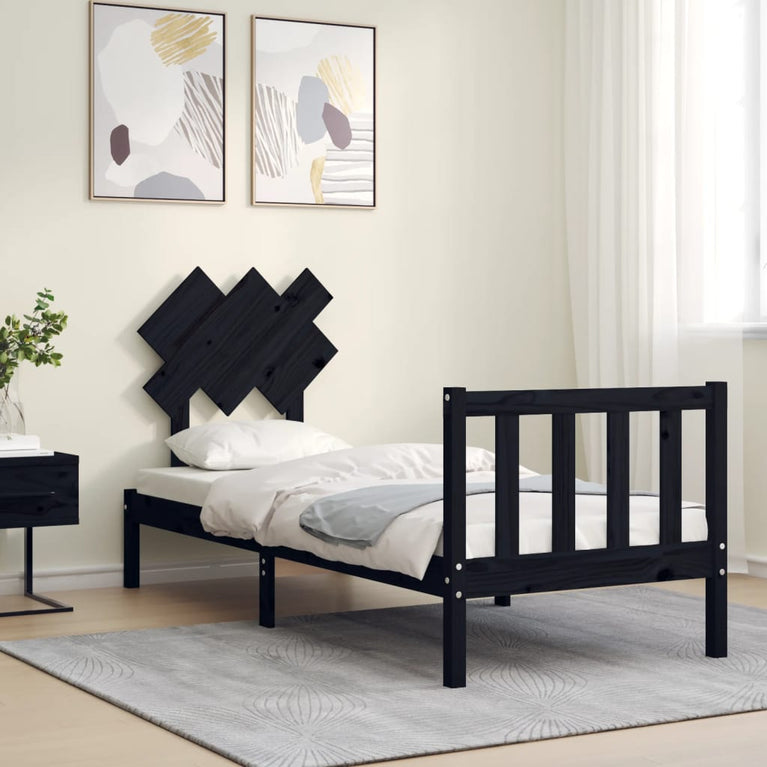 Bedframe met hoofdbord massief hout zwart 2FT6 Small Single